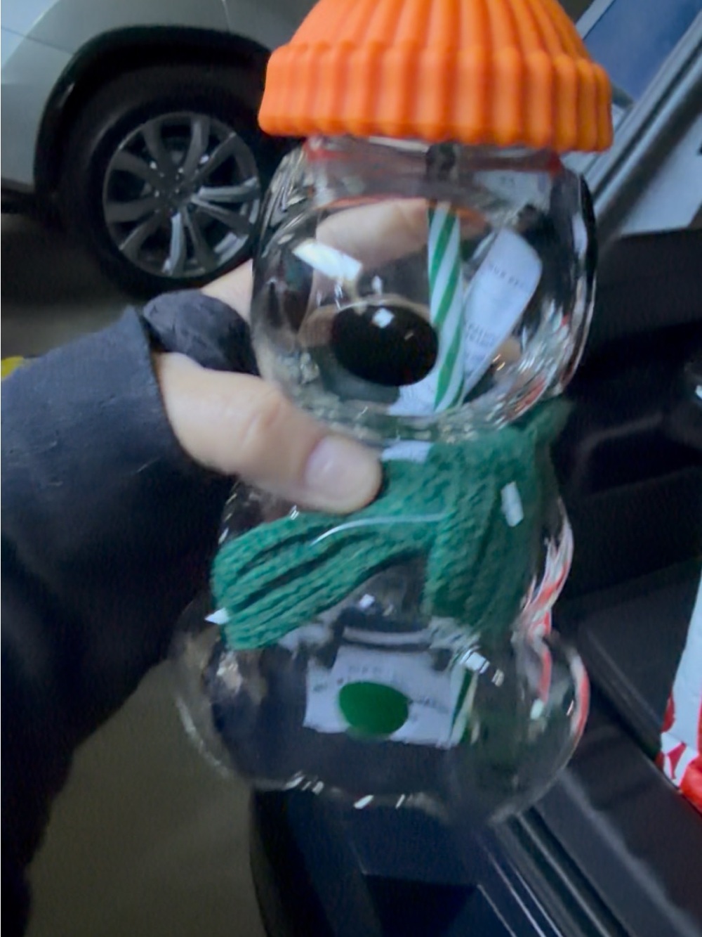 Starbucks Clear Snowman Sip Cup with Orange Lid and Green Scarf